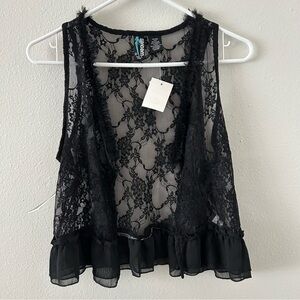 Vintage Weavers Sheer Black Lace Ruffle Open Front Vest Size M Whimsigoth NWT
